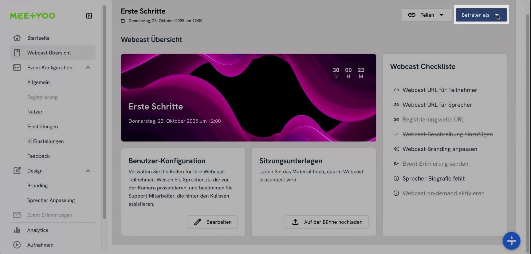 Menú para entrar al evento como presentador en la esquina superior derecha