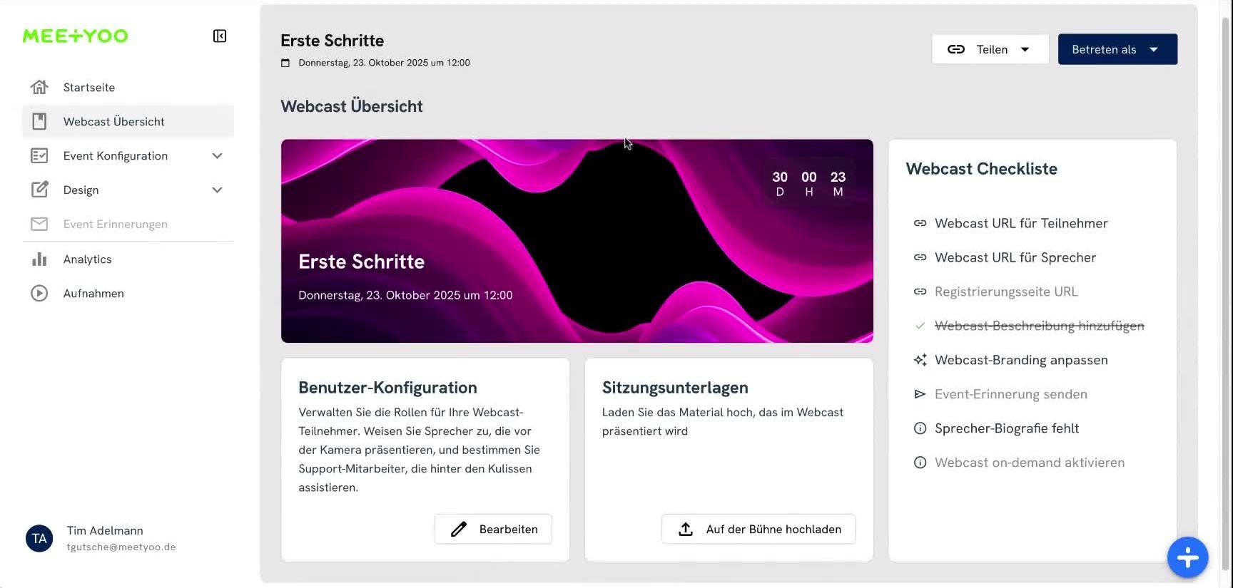 Vista general del webcast con toda la información importante