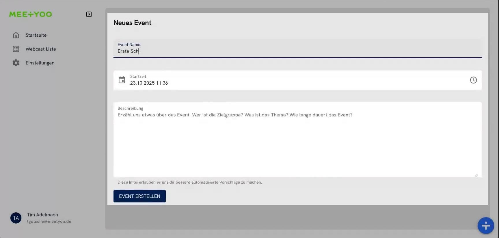 Formulario para crear webcast con detalles del evento